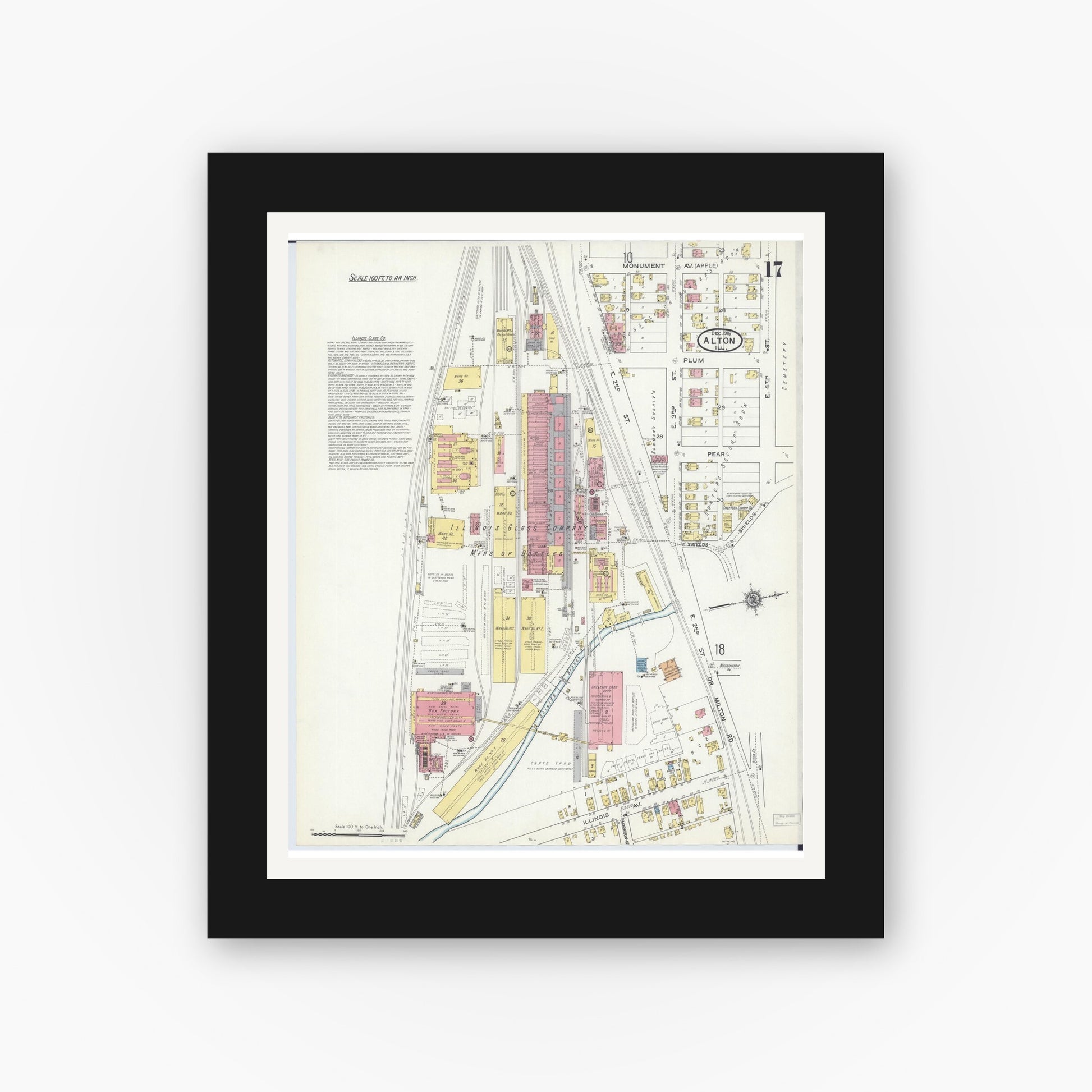 Old map wall art mockup — black gallery frame with white mat — Sanborn Fire Insurance Map from Alton, Madison County, Illinois (1915), Sheet #0017