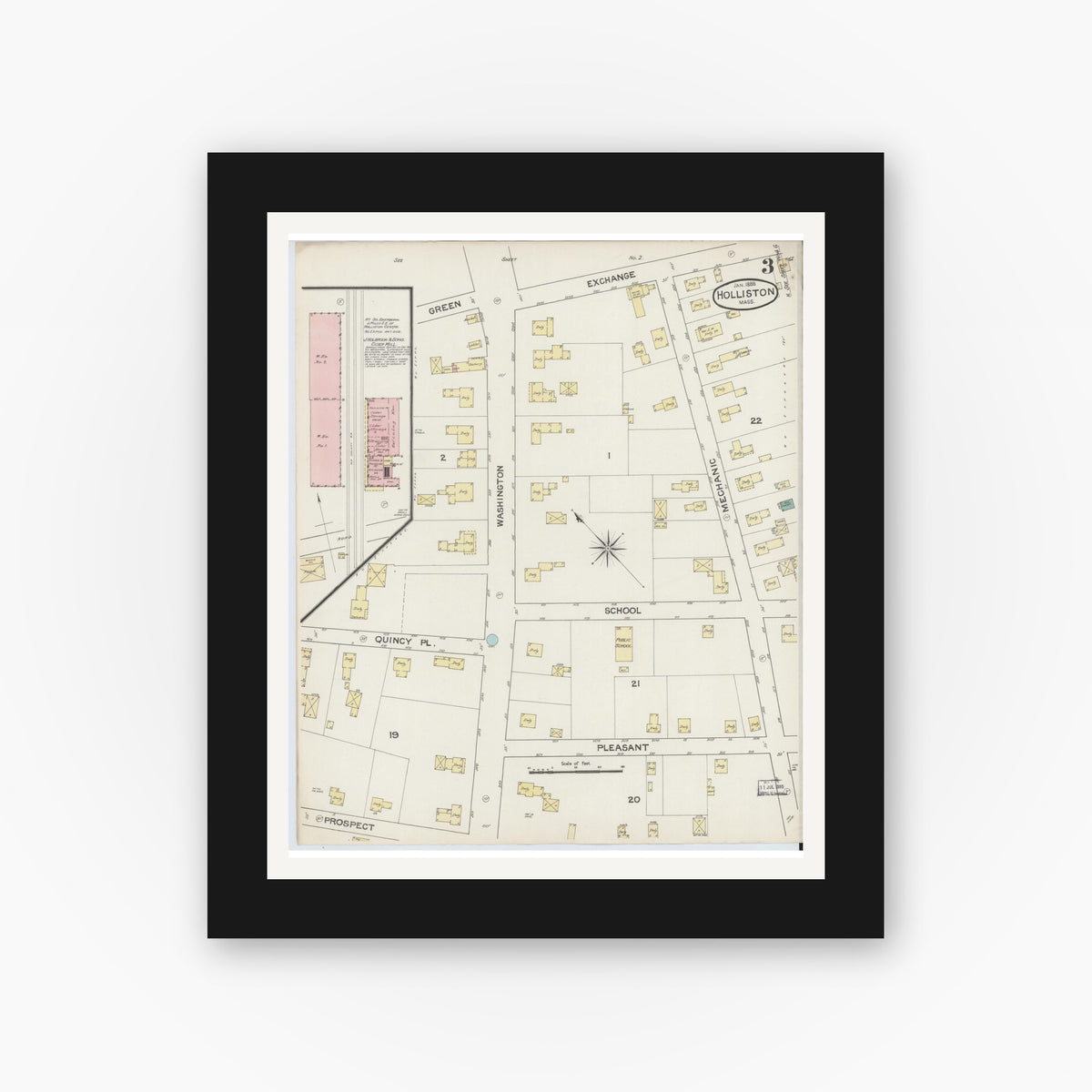 Old map wall art mockup — black gallery frame with white mat — Sanborn Fire Insurance Map from Holliston, Middlesex County, Massachusetts (1888), Sheet #0003