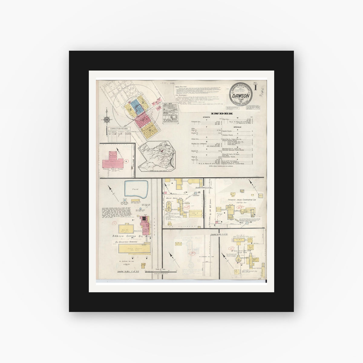 Old map wall art mockup — black gallery frame with white mat — Sanborn Fire Insurance Map from Dawson, Navarro County, Texas (1943) - Complete Map Set