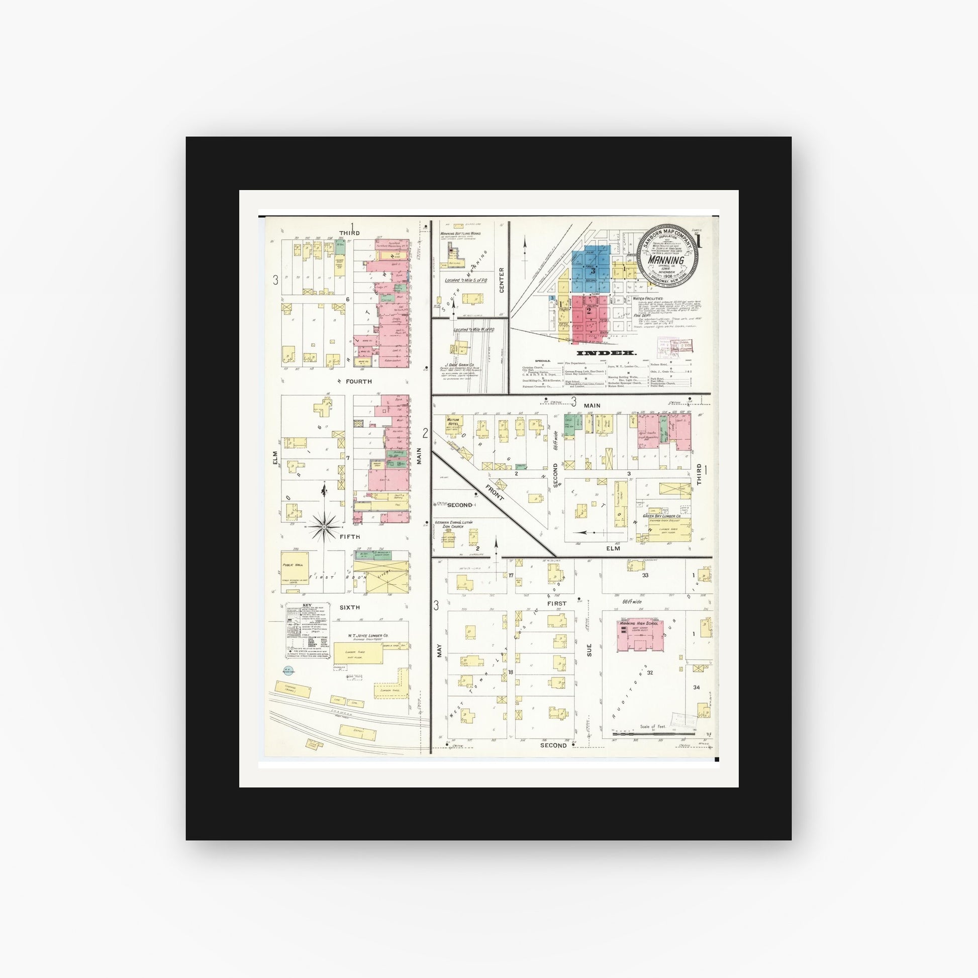 Old map wall art mockup — black gallery frame with white mat — Sanborn Fire Insurance Map from Manning, Carroll County, Iowa (1908), Sheet #0001