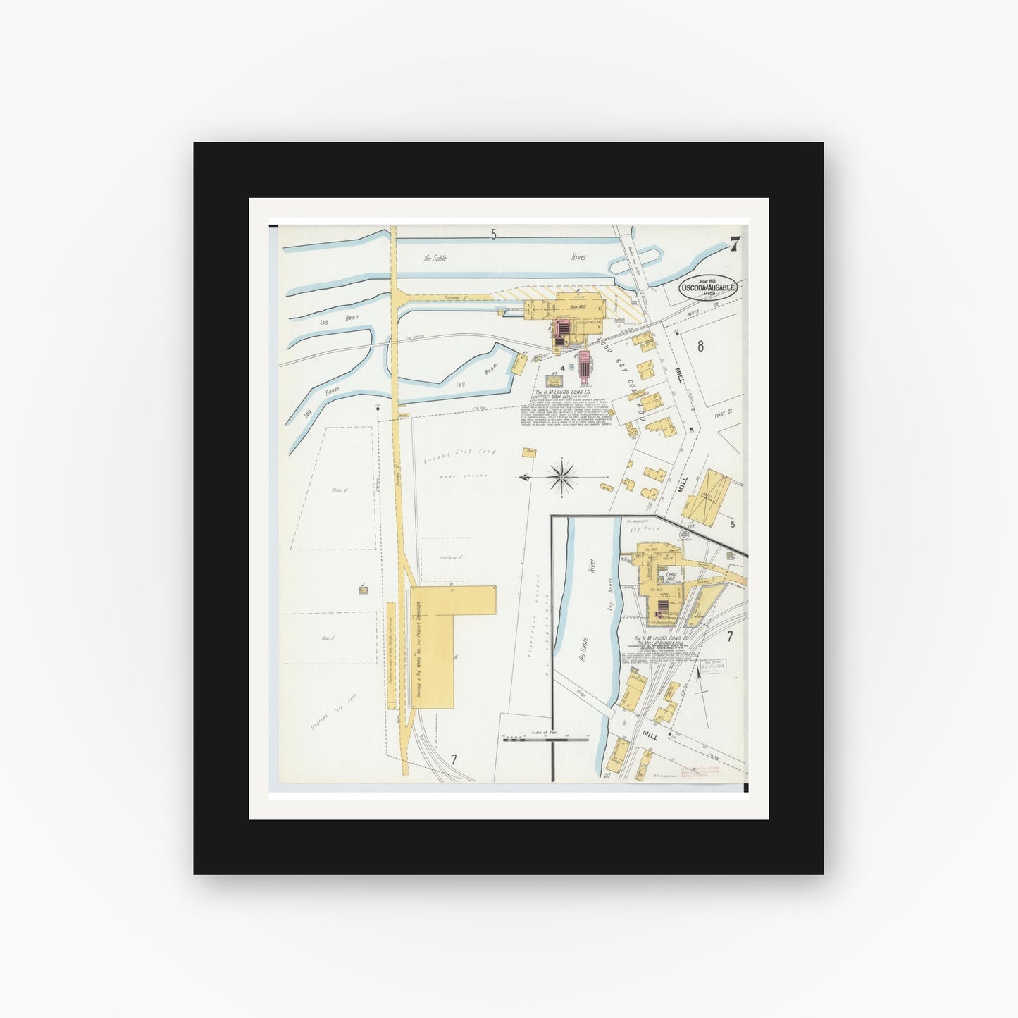 Old map wall art mockup — black gallery frame with white mat — Sanborn Fire Insurance Map from Oscoda, Iosco County, Michigan (1901), Sheet #0007