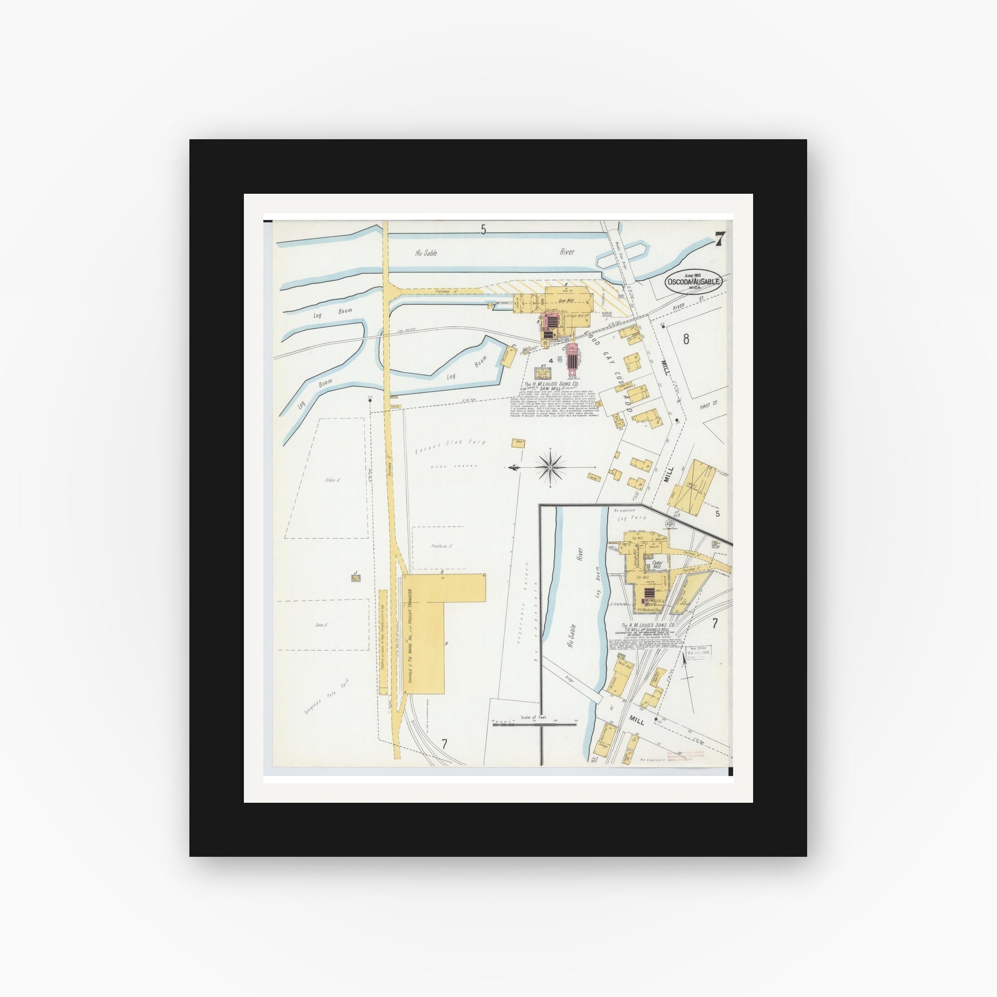 Old map wall art mockup — black gallery frame with white mat — Sanborn Fire Insurance Map from Oscoda, Iosco County, Michigan (1901), Sheet #0007