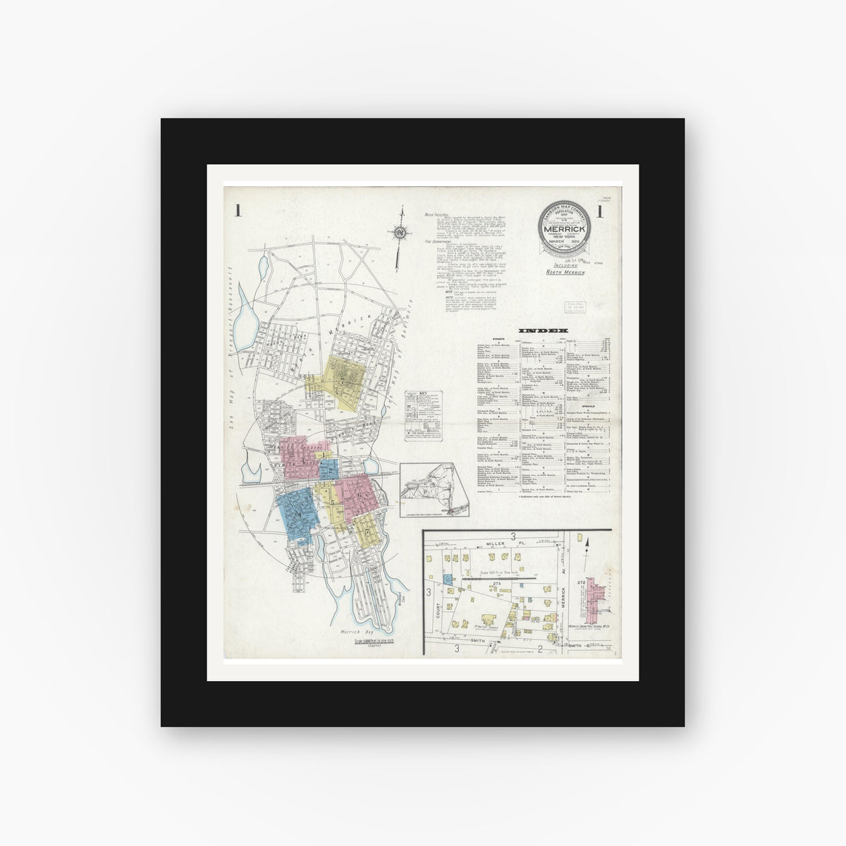 Old map wall art mockup — black gallery frame with white mat — Sanborn Fire Insurance Map from Merrick, Nassau County, New York (1929) - Complete Map Set