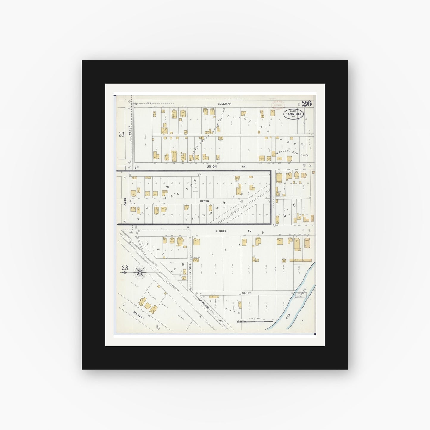 Old map wall art mockup — black gallery frame with white mat — Sanborn Fire Insurance Map from Hannibal, Marion County, Missouri (1899), Sheet #0026