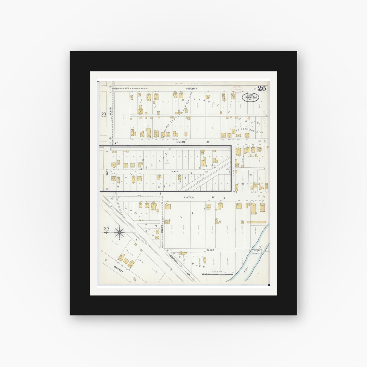 Old map wall art mockup — black gallery frame with white mat — Sanborn Fire Insurance Map from Hannibal, Marion County, Missouri (1899), Sheet #0026