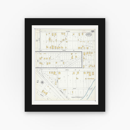 Old map wall art mockup — black gallery frame with white mat — Sanborn Fire Insurance Map from Hannibal, Marion County, Missouri (1899), Sheet #0026