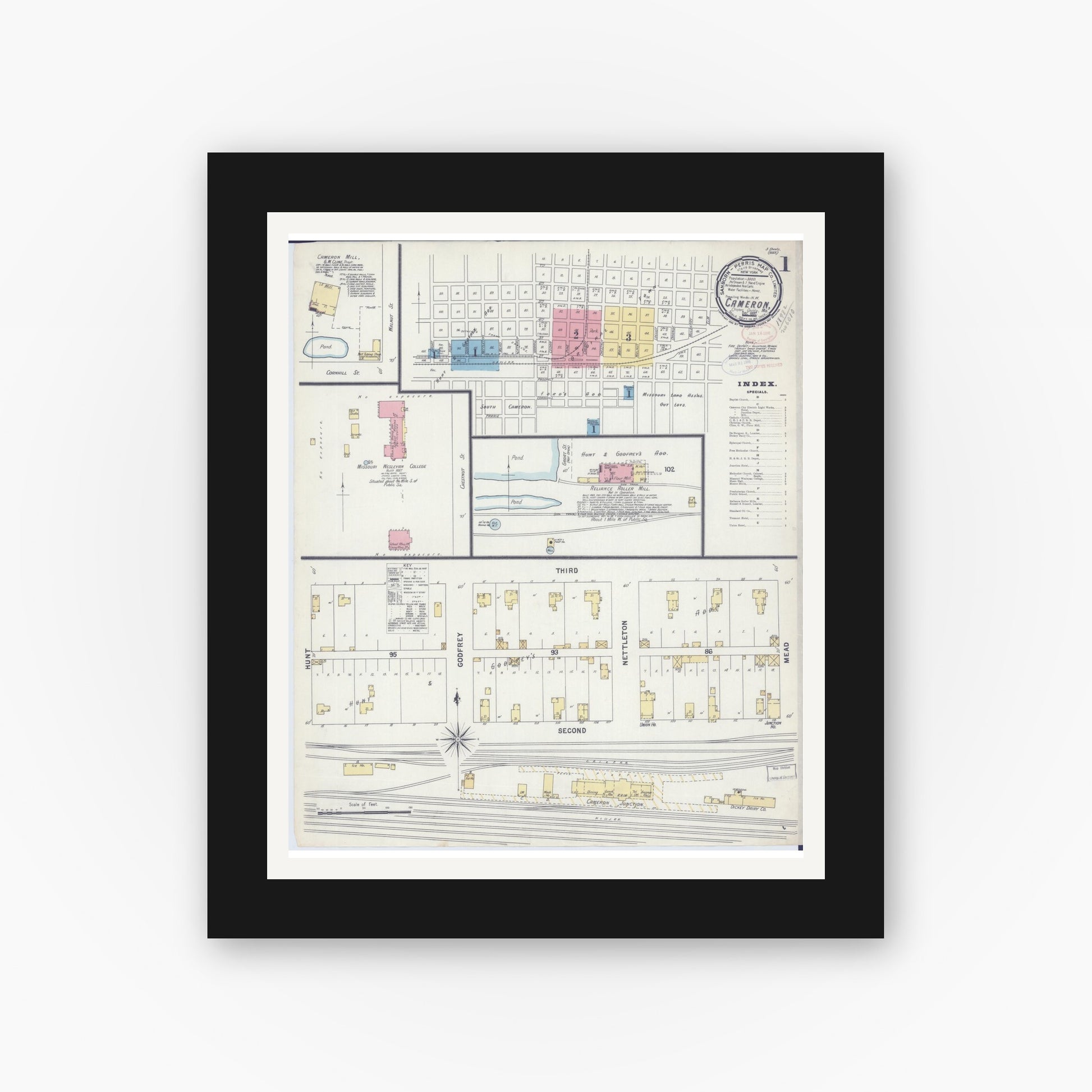Old map wall art mockup — black gallery frame with white mat — Sanborn Fire Insurance Map from Cameron, Clinton County, Missouri (1897) - Complete Map Set