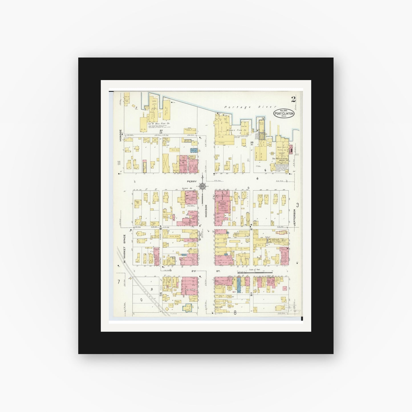 Old map wall art mockup — black gallery frame with white mat — Sanborn Fire Insurance Map from Port Clinton, Ottawa County, Ohio (1910), Sheet #0002