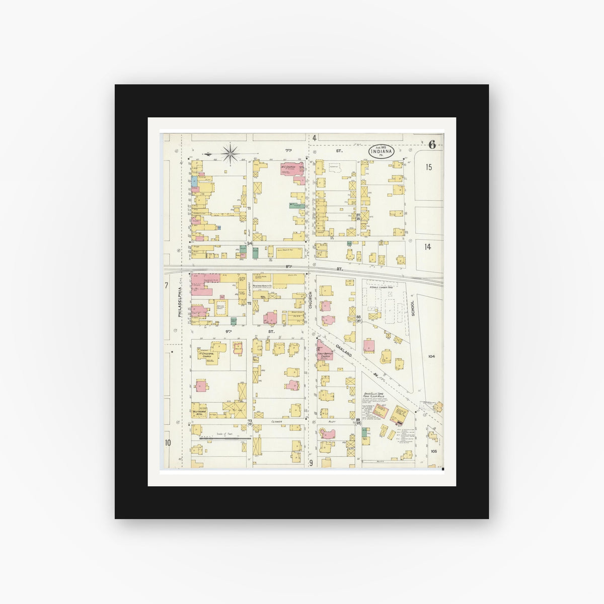 Old map wall art mockup — black gallery frame with white mat — Sanborn Fire Insurance Map from Indiana, Indiana County, Pennsylvania (1903), Sheet #0006