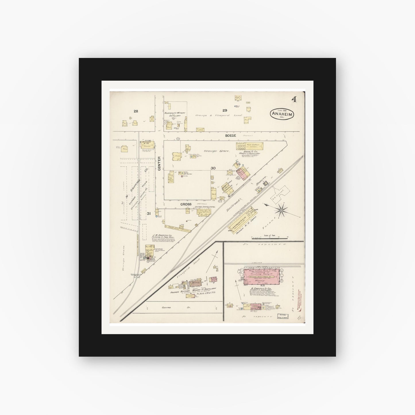 Old map wall art mockup — black gallery frame with white mat — Sanborn Fire Insurance Map from Anaheim, Orange County, California (1888), Sheet #0004