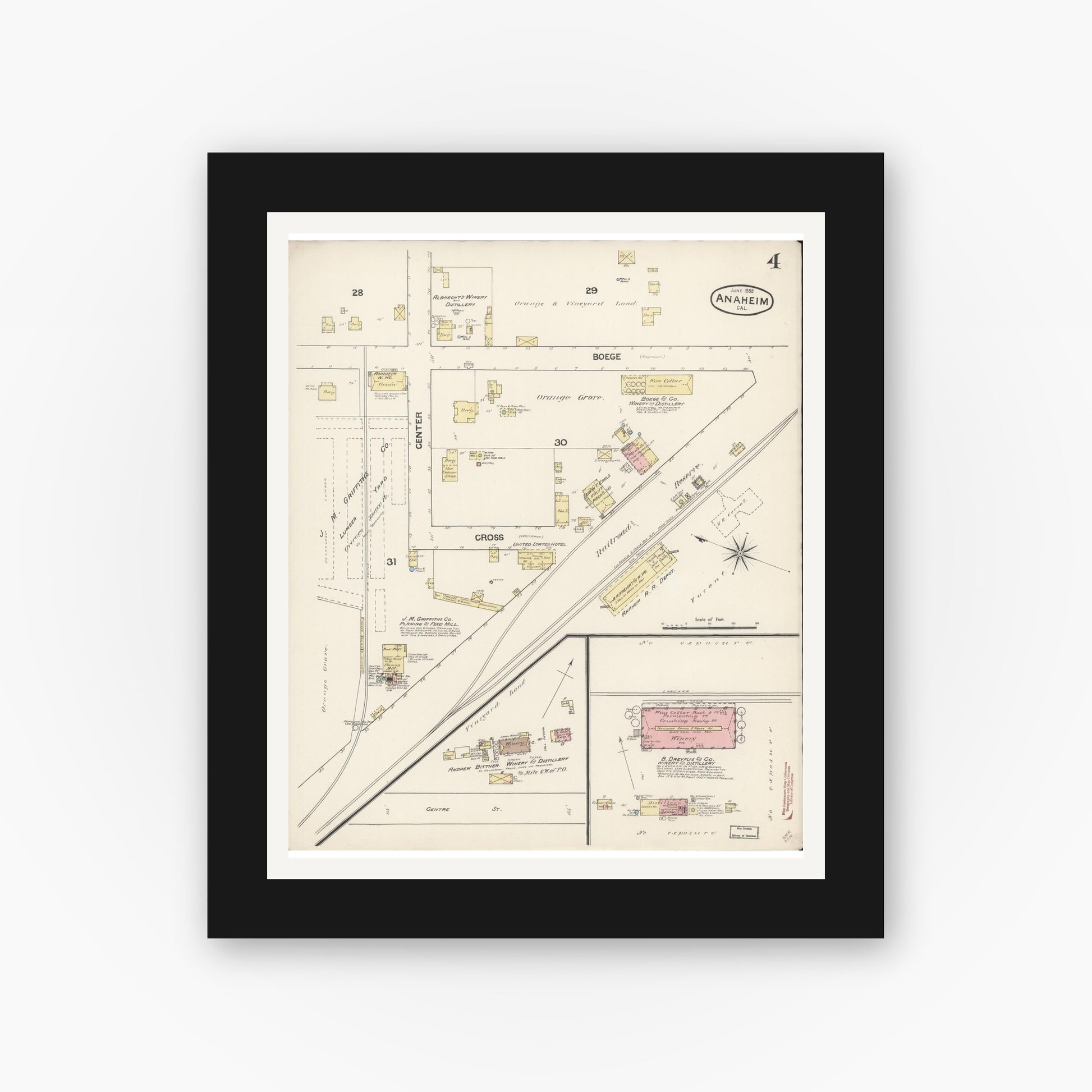 Old map wall art mockup — black gallery frame with white mat — Sanborn Fire Insurance Map from Anaheim, Orange County, California (1888), Sheet #0004