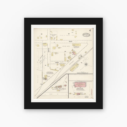 Old map wall art mockup — black gallery frame with white mat — Sanborn Fire Insurance Map from Anaheim, Orange County, California (1888), Sheet #0004