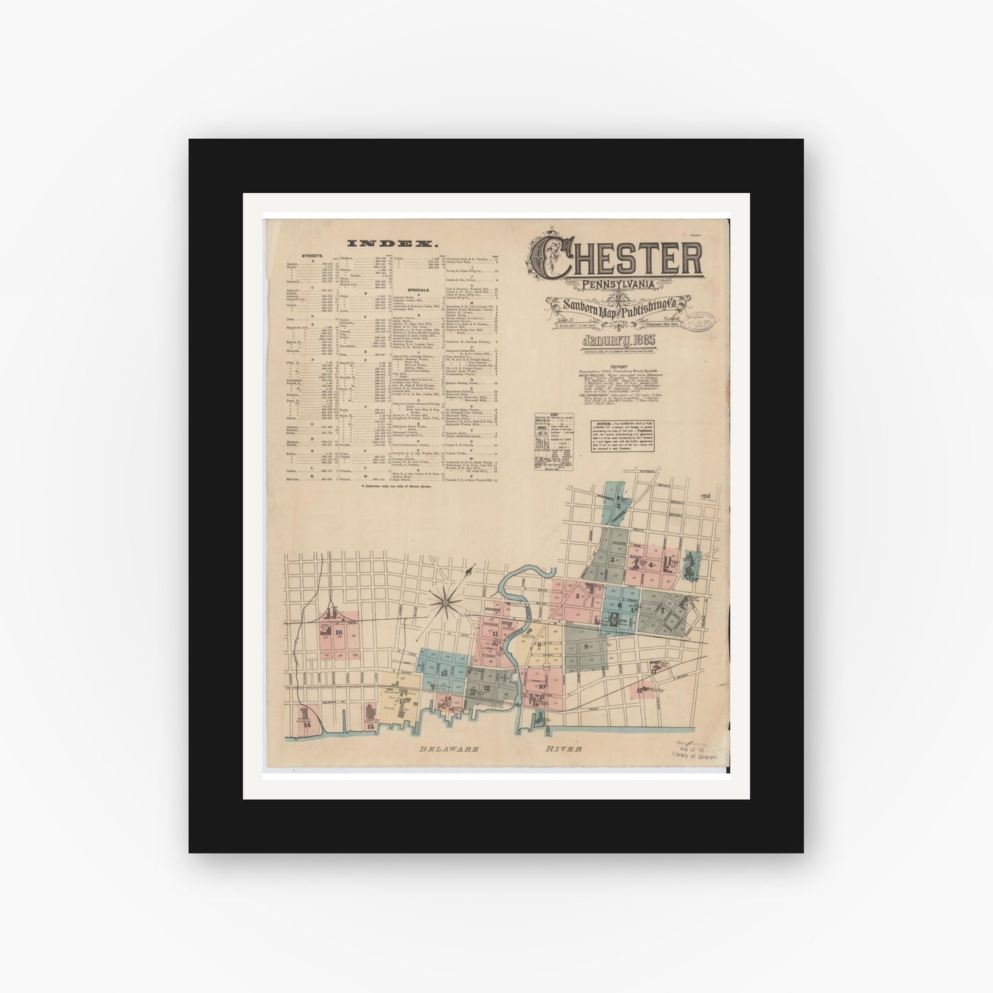 Old map wall art mockup — black gallery frame with white mat — Sanborn Fire Insurance Map from Chester, Delaware County, Pennsylvania (1885), Sheet #0001