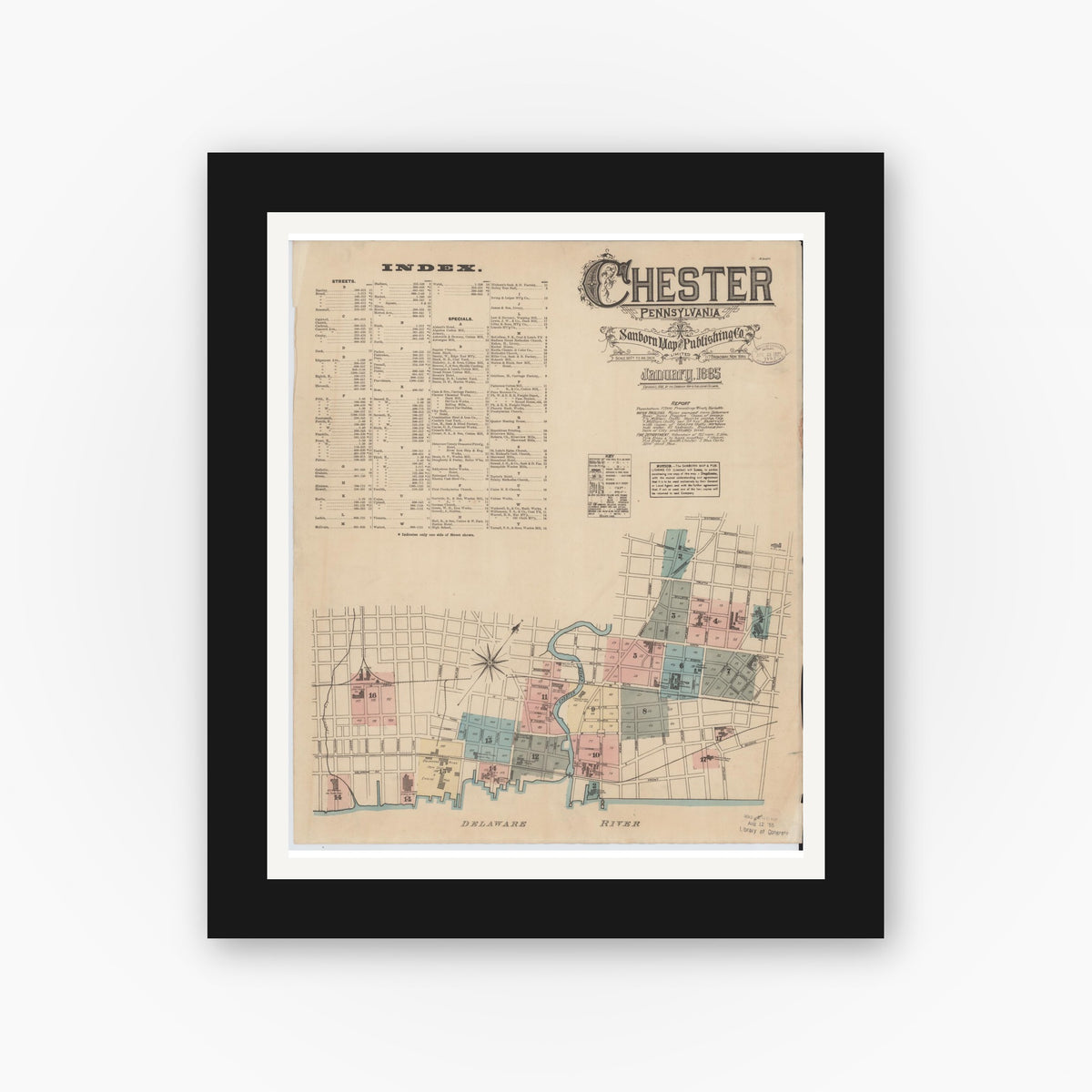 Old map wall art mockup — black gallery frame with white mat — Sanborn Fire Insurance Map from Chester, Delaware County, Pennsylvania (1885), Sheet #0001