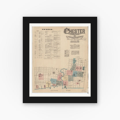 Old map wall art mockup — black gallery frame with white mat — Sanborn Fire Insurance Map from Chester, Delaware County, Pennsylvania (1885), Sheet #0001