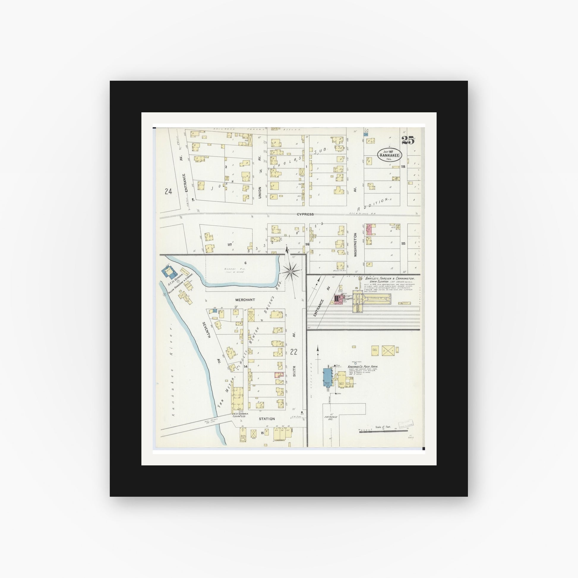 Old map wall art mockup — black gallery frame with white mat — Sanborn Fire Insurance Map from Kankakee, Kankakee County, Illinois (1907), Sheet #0025
