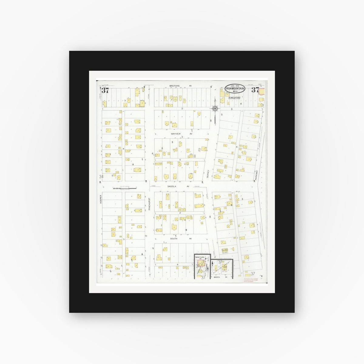 Old map wall art mockup — black gallery frame with white mat — Sanborn Fire Insurance Map from Iron Mountain, Dickinson County, Michigan (1930), Sheet #0037