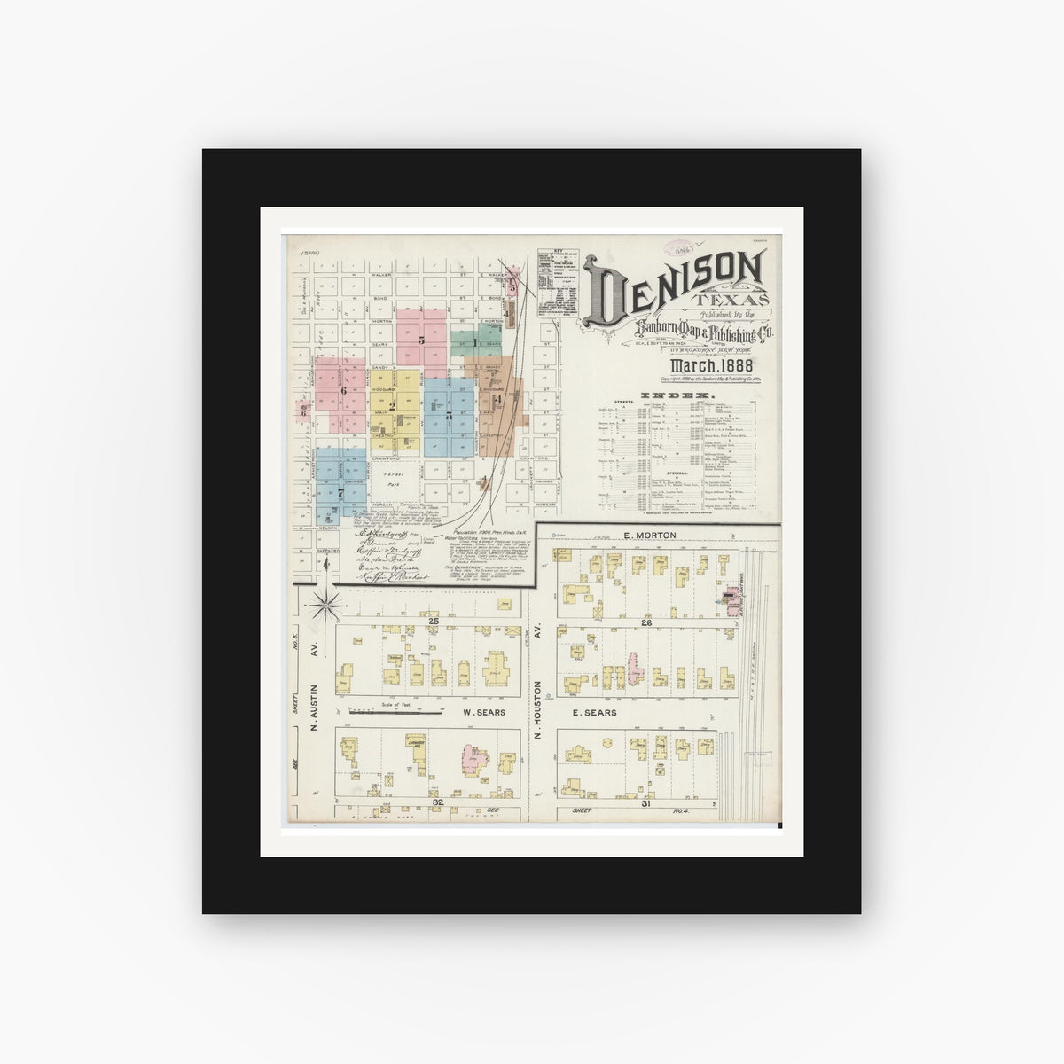 Old map wall art mockup — black gallery frame with white mat — Sanborn Fire Insurance Map from Denison, Grayson County, Texas (1888), Sheet #0001
