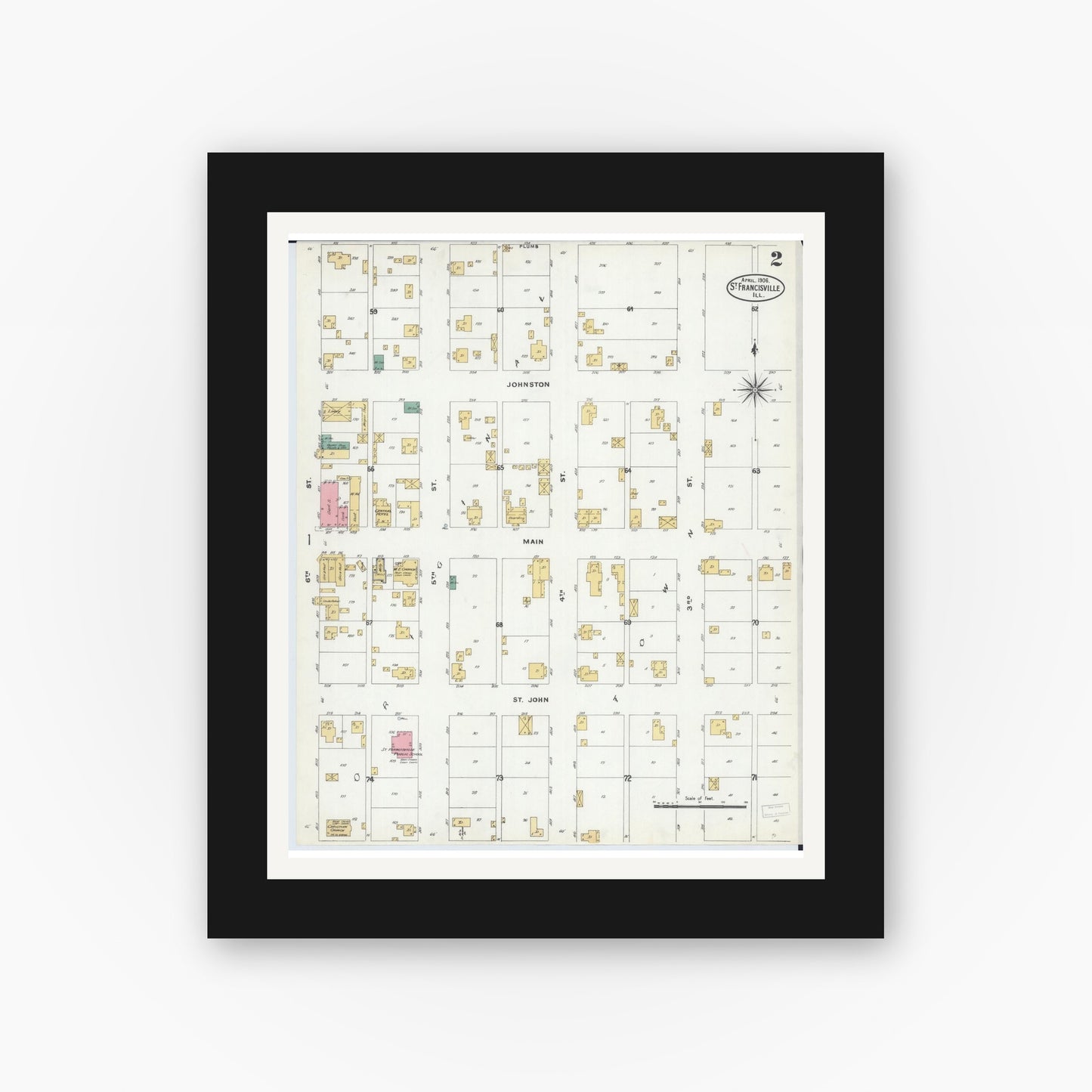 Old map wall art mockup — black gallery frame with white mat — Sanborn Fire Insurance Map from Saint Francisville, Lawrence County, Illinois (1906), Sheet #0002