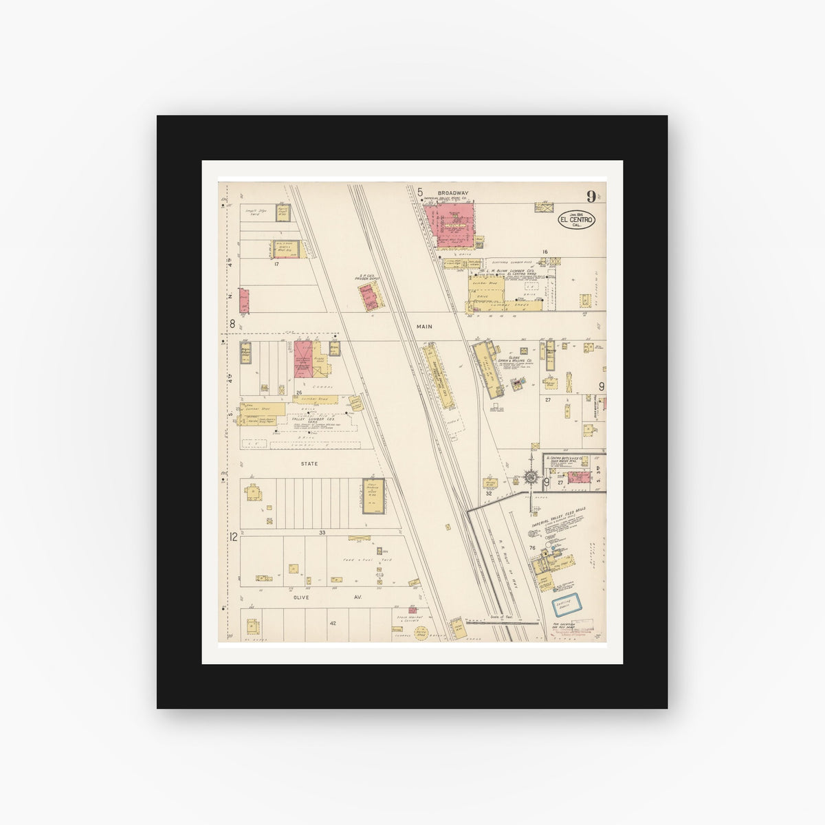 Old map wall art mockup — black gallery frame with white mat — Sanborn Fire Insurance Map from El Centro, Imperial County, California (1914), Sheet #0009