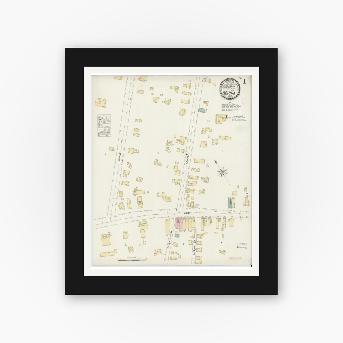 Old map wall art mockup — black gallery frame with white mat — Sanborn Fire Insurance Map from Portville, Cattaraugus County, New York (1897) - Complete Map Set