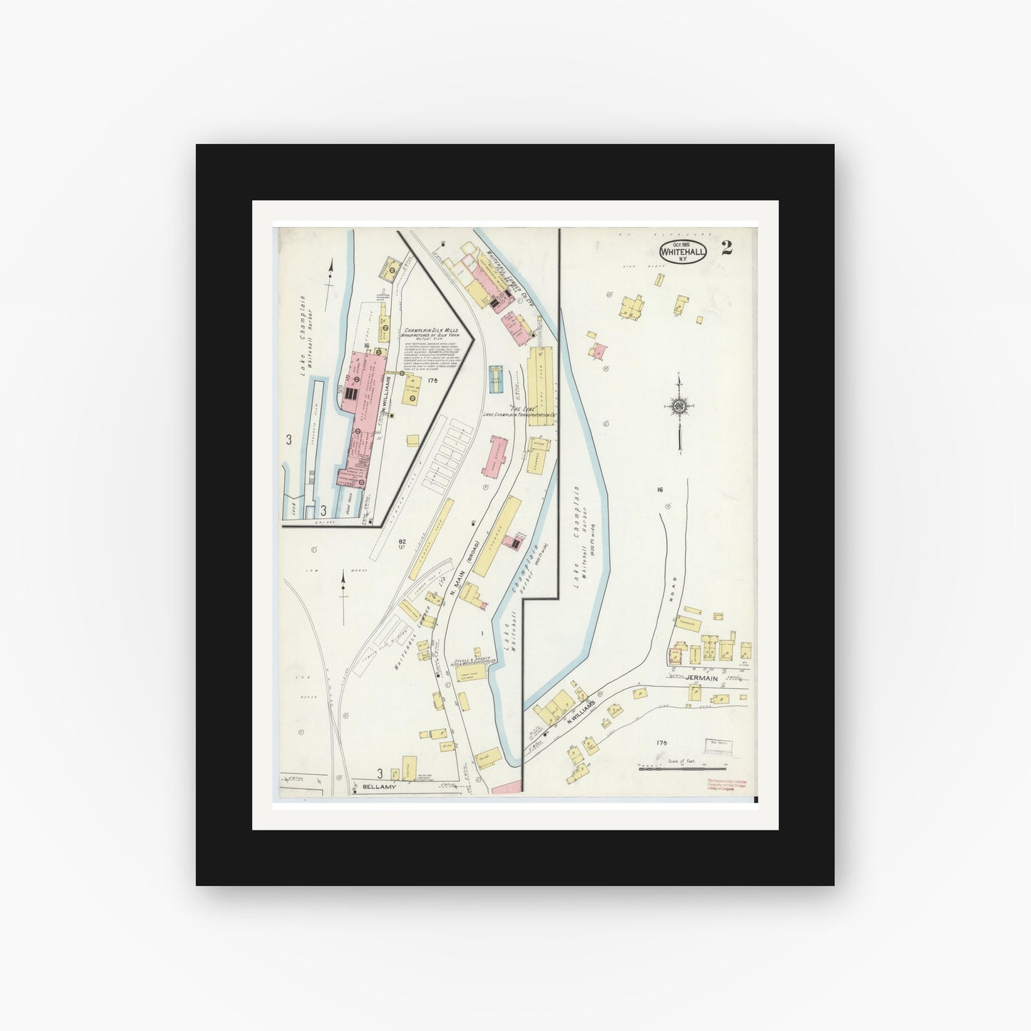 Old map wall art mockup — black gallery frame with white mat — Sanborn Fire Insurance Map from Whitehall, Washington County, New York (1915), Sheet #0002