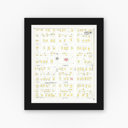 Old map wall art mockup — black gallery frame with white mat — Sanborn Fire Insurance Map from Red Oak, Montgomery County, Iowa (1908), Sheet #0006