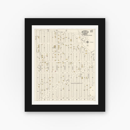 Old map wall art mockup — black gallery frame with white mat — Sanborn Fire Insurance Map from Brownsville, Fayette County, Pennsylvania (1921), Sheet #0022