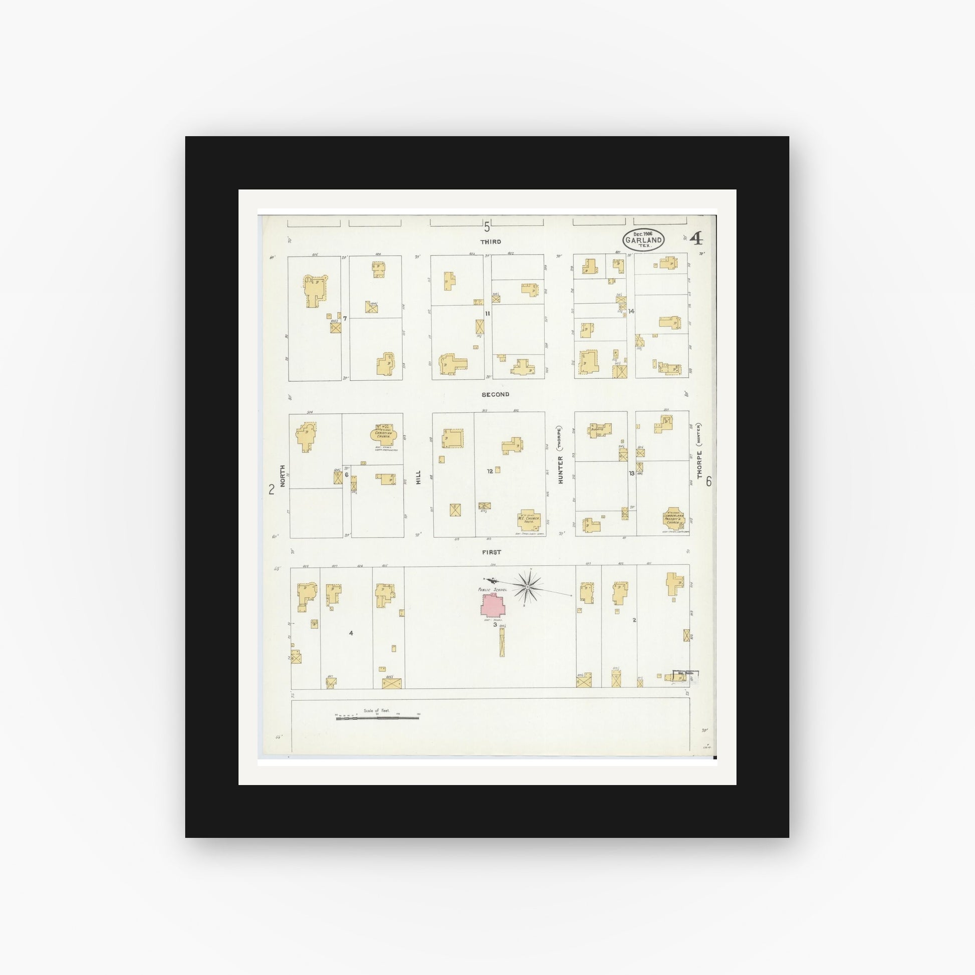 Old map wall art mockup — black gallery frame with white mat — Sanborn Fire Insurance Map from Garland, Dallas County, Texas (1906), Sheet #0004