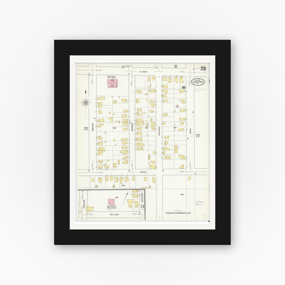 Old map wall art mockup — black gallery frame with white mat — Sanborn Fire Insurance Map from Lockport, Niagara County, New York (1909), Sheet #0021