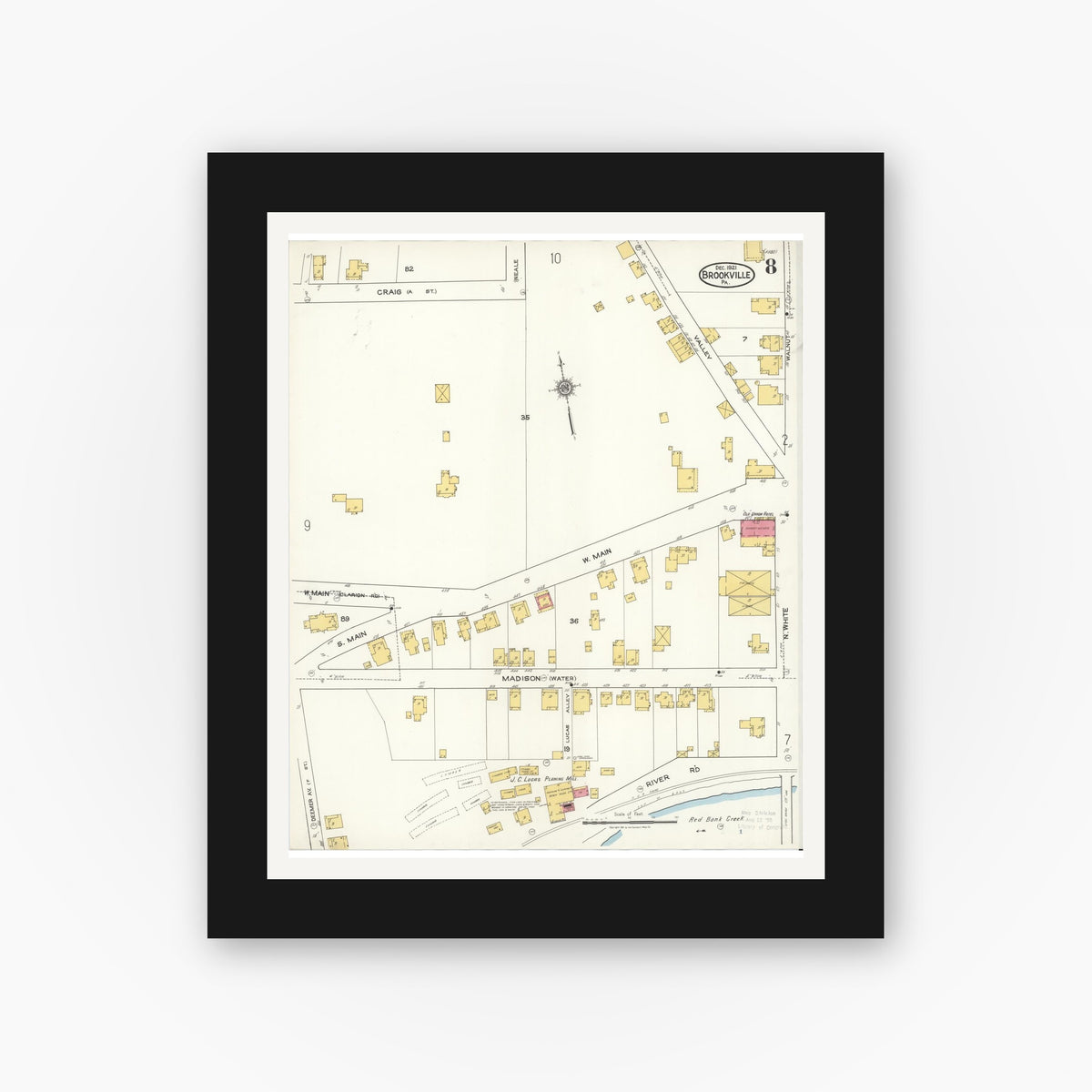 Old map wall art mockup — black gallery frame with white mat — Sanborn Fire Insurance Map from Brookville, Jefferson County, Pennsylvania (1921), Sheet #0008