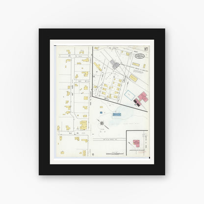 Old map wall art mockup — black gallery frame with white mat — Sanborn Fire Insurance Map from Hancock, Houghton County, Michigan (1917), Sheet #0017