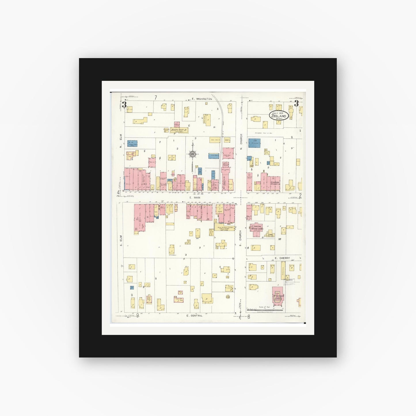 Old map wall art mockup — black gallery frame with white mat — Sanborn Fire Insurance Map from Zeeland, Ottawa County, Michigan (1923), Sheet #0003