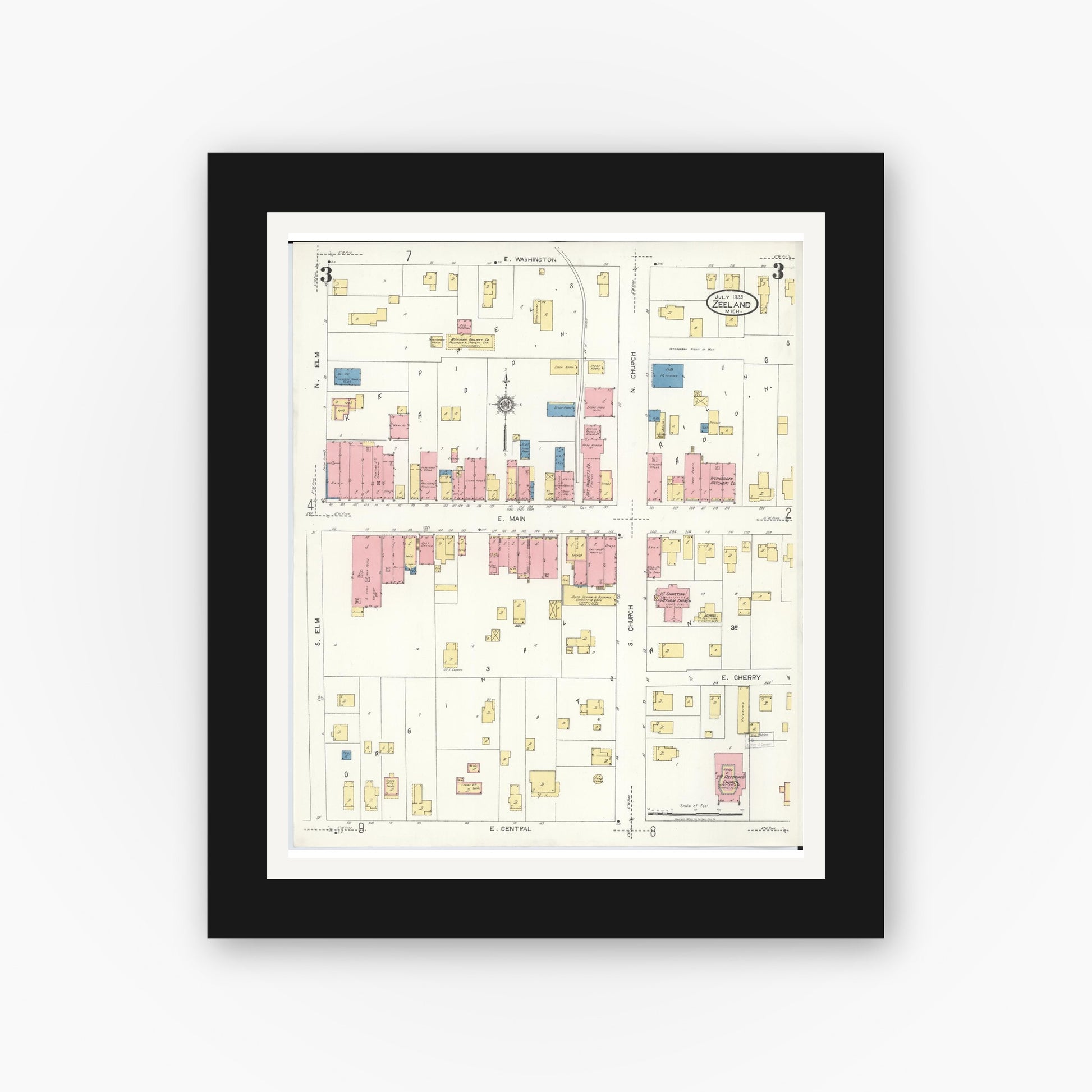 Old map wall art mockup — black gallery frame with white mat — Sanborn Fire Insurance Map from Zeeland, Ottawa County, Michigan (1923), Sheet #0003