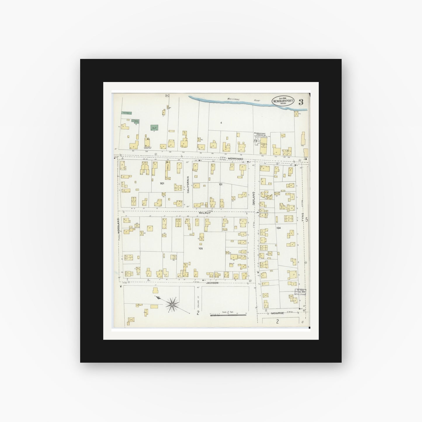 Old map wall art mockup — black gallery frame with white mat — Sanborn Fire Insurance Map from Newburyport, Essex County, Massachusetts (1906), Sheet #0003
