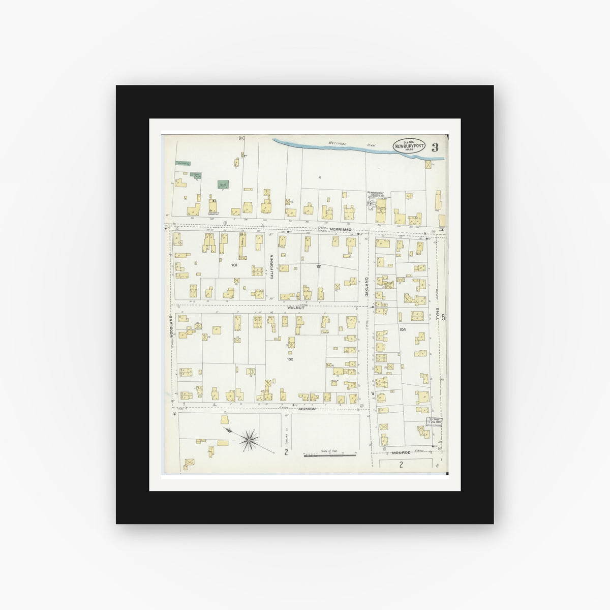 Old map wall art mockup — black gallery frame with white mat — Sanborn Fire Insurance Map from Newburyport, Essex County, Massachusetts (1906), Sheet #0003
