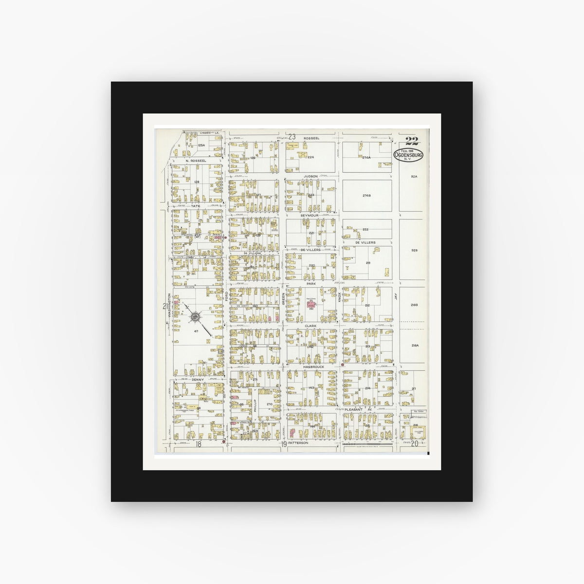 Old map wall art mockup — black gallery frame with white mat — Sanborn Fire Insurance Map from Ogdensburg, St. Lawrence County, New York (1918), Sheet #0022