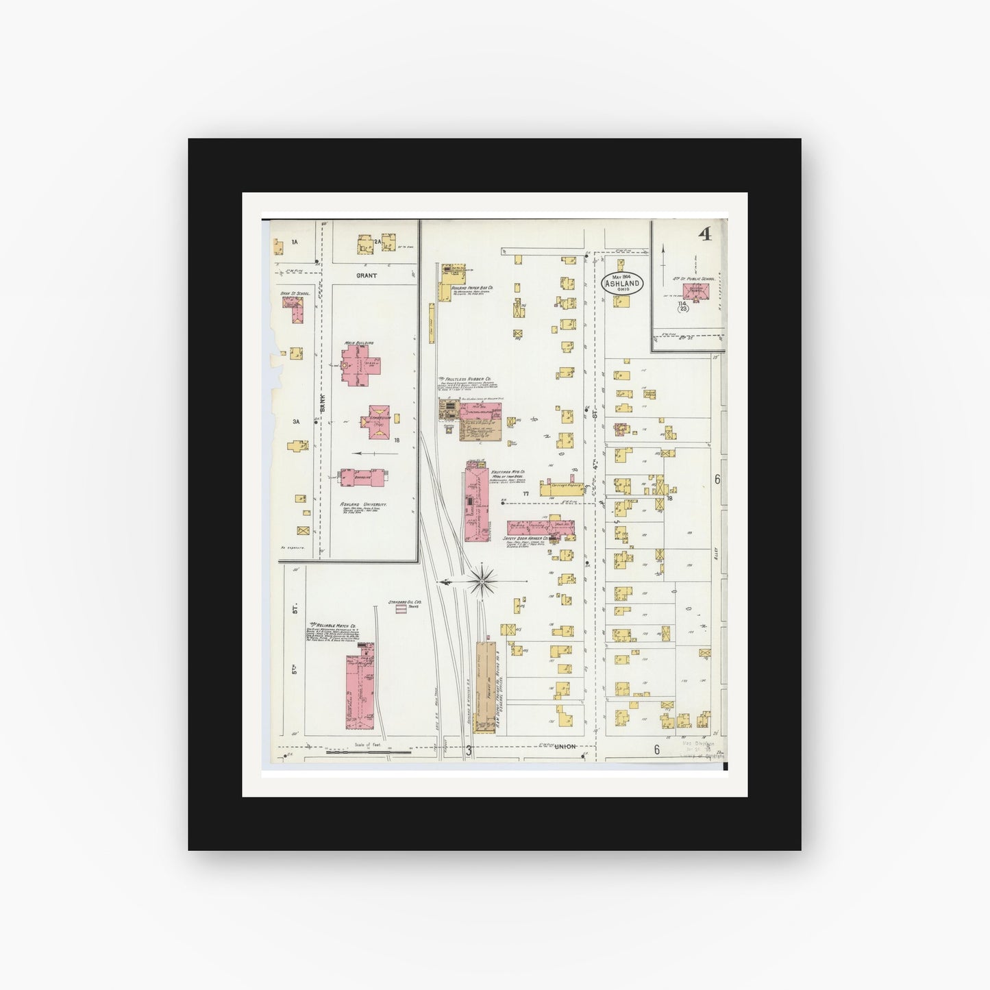 Old map wall art mockup — black gallery frame with white mat — Sanborn Fire Insurance Map from Ashland, Ashland County, Ohio (1904), Sheet #0004
