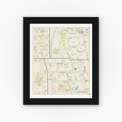 Old map wall art mockup — black gallery frame with white mat — Sanborn Fire Insurance Map from Falmouth, Barnstable County, Massachusetts (1914), Sheet #0006