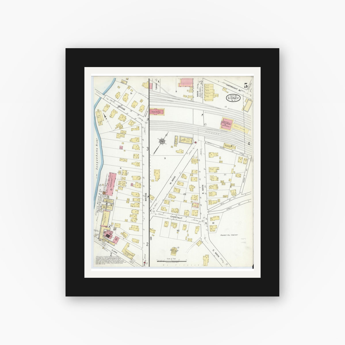 Old map wall art mockup — black gallery frame with white mat — Sanborn Fire Insurance Map from Sidney, Delaware County, New York (1917), Sheet #0005