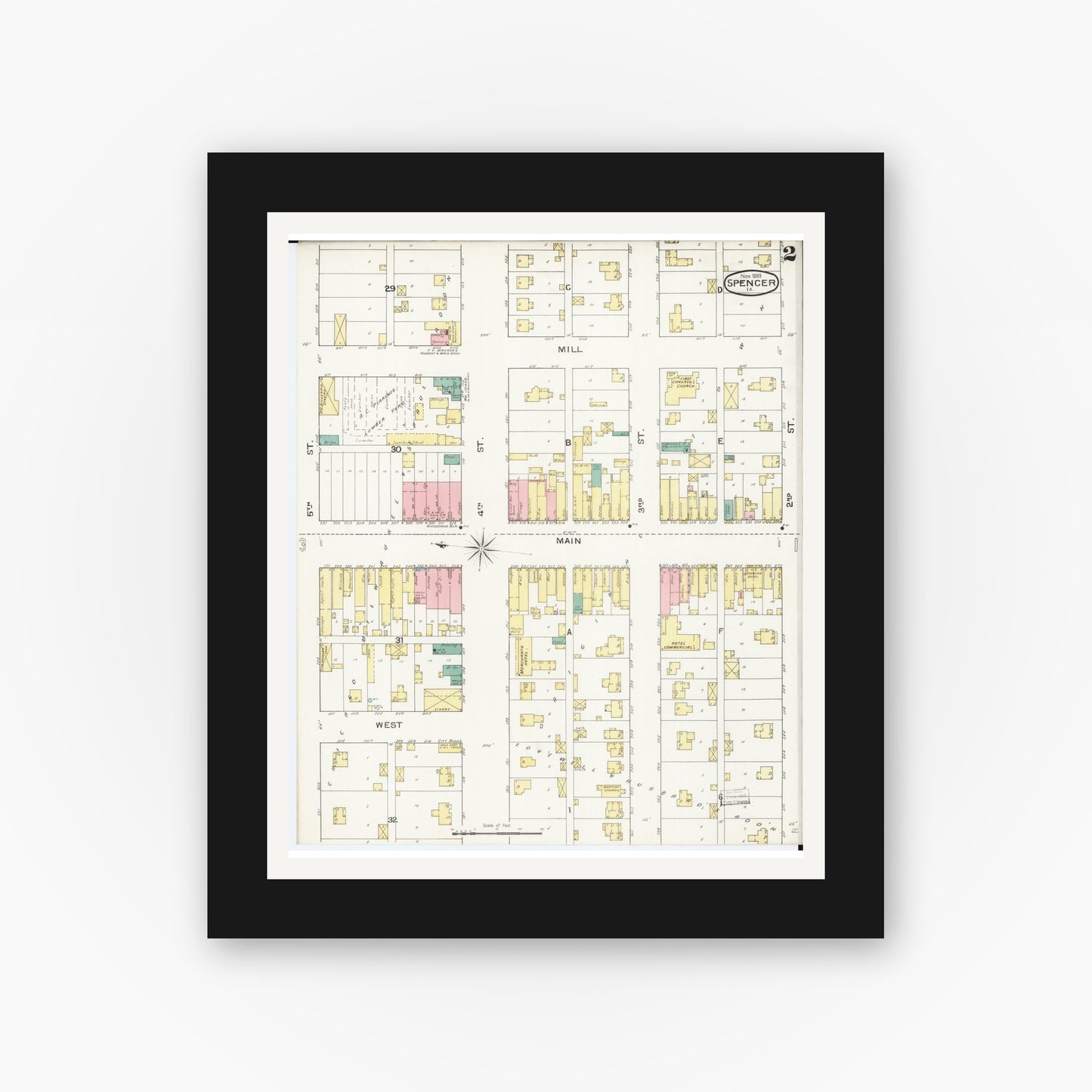 Old map wall art mockup — black gallery frame with white mat — Sanborn Fire Insurance Map from Spencer, Clay County, Iowa (1893), Sheet #0002