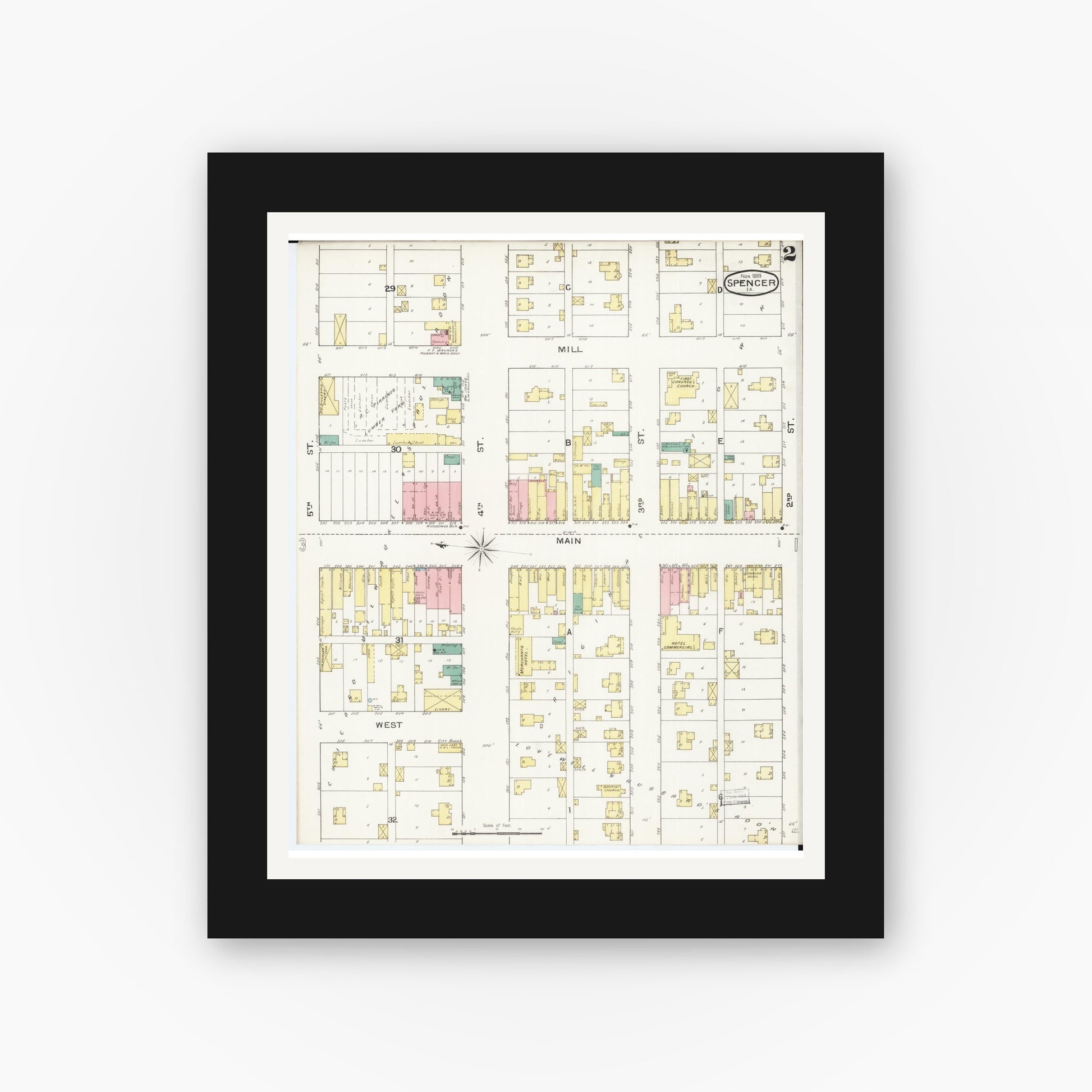 Old map wall art mockup — black gallery frame with white mat — Sanborn Fire Insurance Map from Spencer, Clay County, Iowa (1893), Sheet #0002