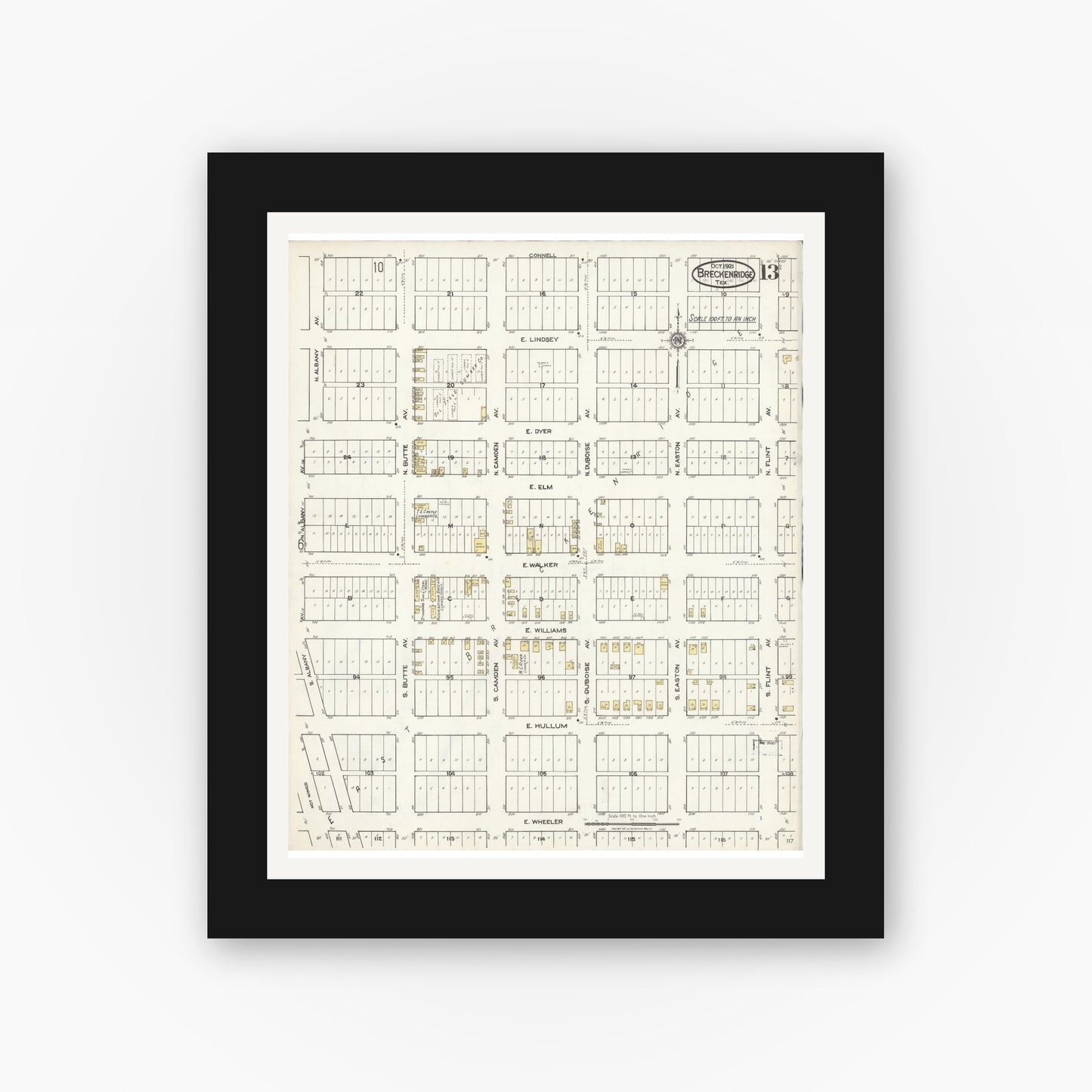 Old map wall art mockup — black gallery frame with white mat — Sanborn Fire Insurance Map from Breckenridge, Stephens County, Texas (1921), Sheet #0013