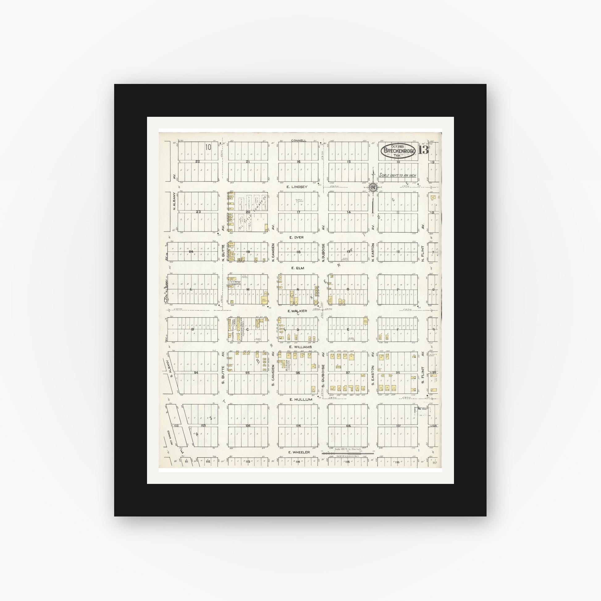Old map wall art mockup — black gallery frame with white mat — Sanborn Fire Insurance Map from Breckenridge, Stephens County, Texas (1921), Sheet #0013