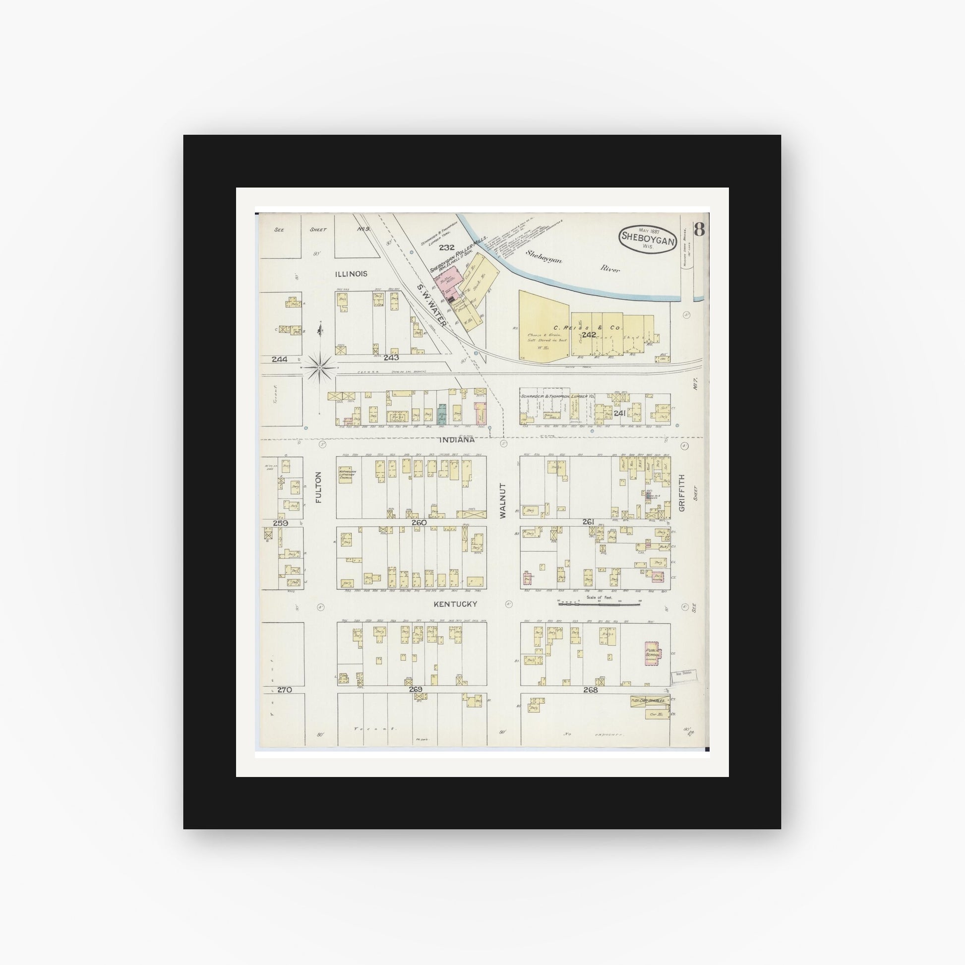 Old map wall art mockup — black gallery frame with white mat — Sanborn Fire Insurance Map from Sheboygan, Sheboygan County, Wisconsin (1887), Sheet #0008