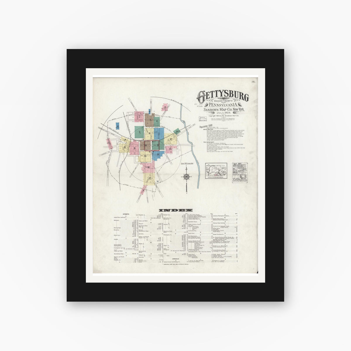 Old map wall art mockup — black gallery frame with white mat — Sanborn Fire Insurance Map from Gettysburg, Adams County, Pennsylvania (1924) - Complete Map Set