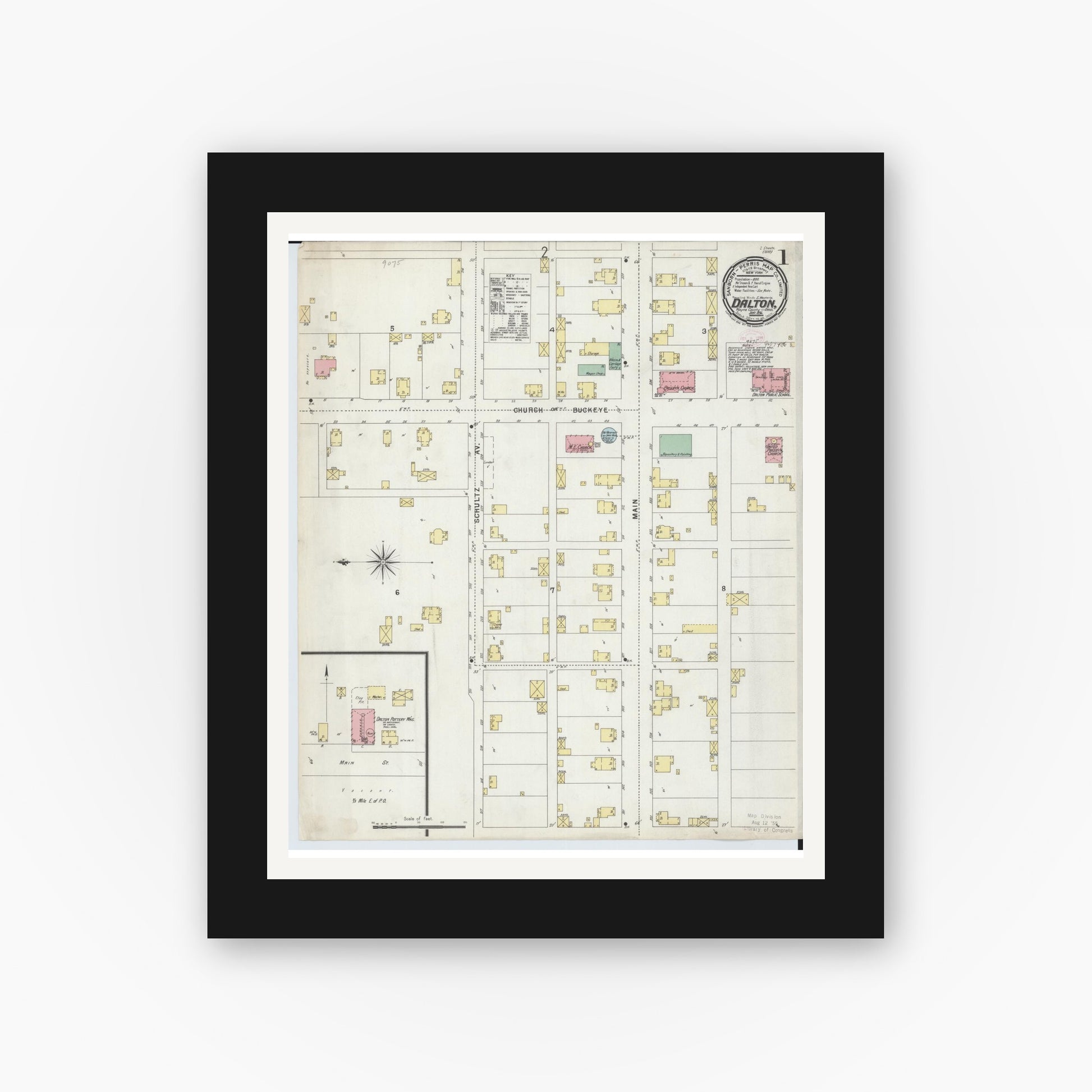 Old map wall art mockup — black gallery frame with white mat — Sanborn Fire Insurance Map from Dalton, Wayne County, Ohio (1896) - Complete Map Set