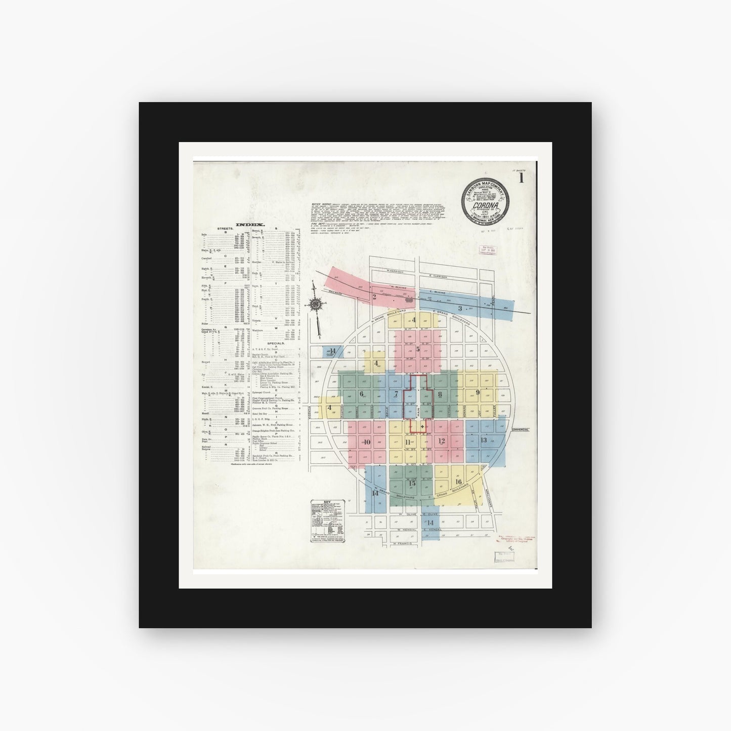 Old map wall art mockup — black gallery frame with white mat — Sanborn Fire Insurance Map from Corona, Riverside County, California (1911) - Complete Map Set