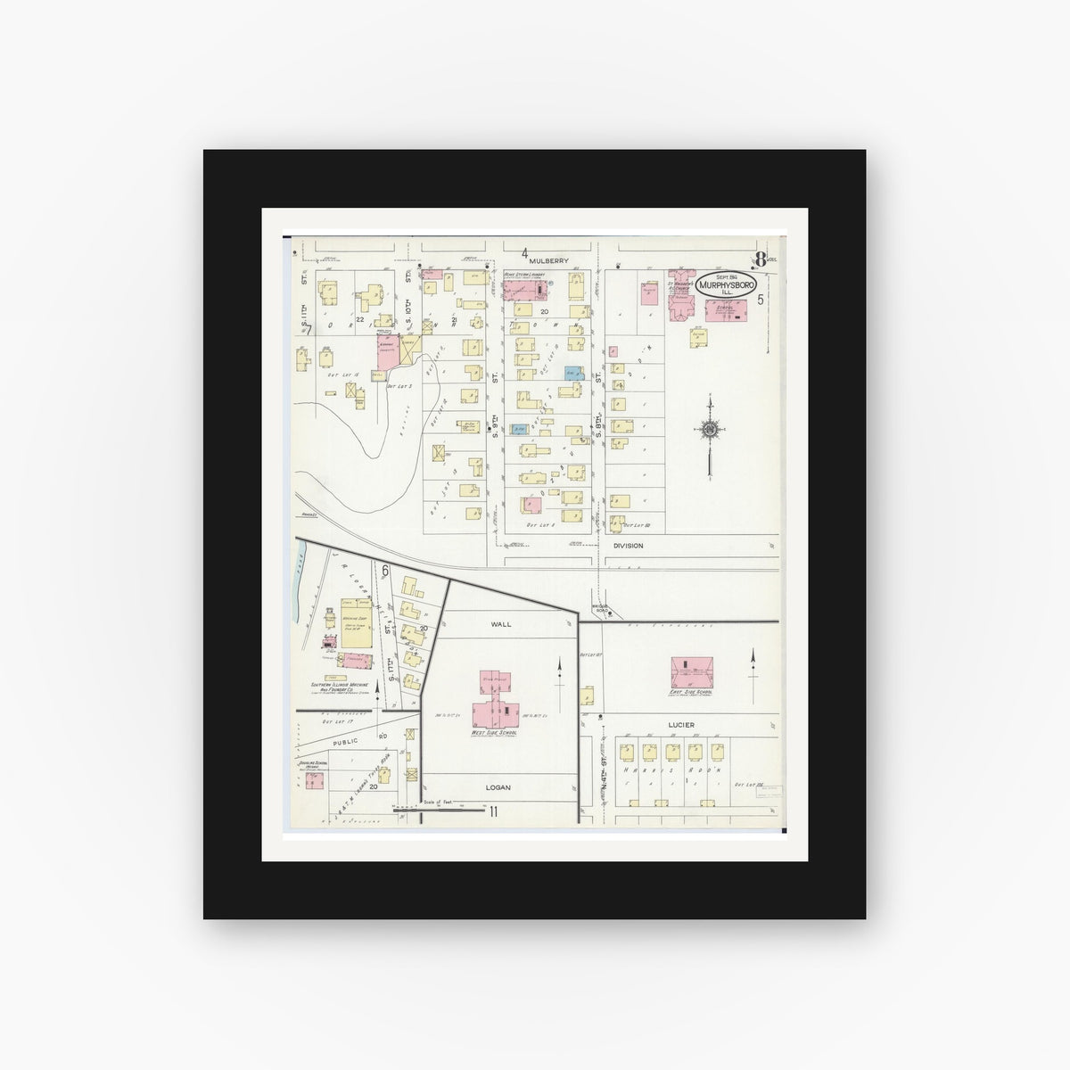 Old map wall art mockup — black gallery frame with white mat — Sanborn Fire Insurance Map from Murphysboro, Jackson County, Illinois (1914), Sheet #0008
