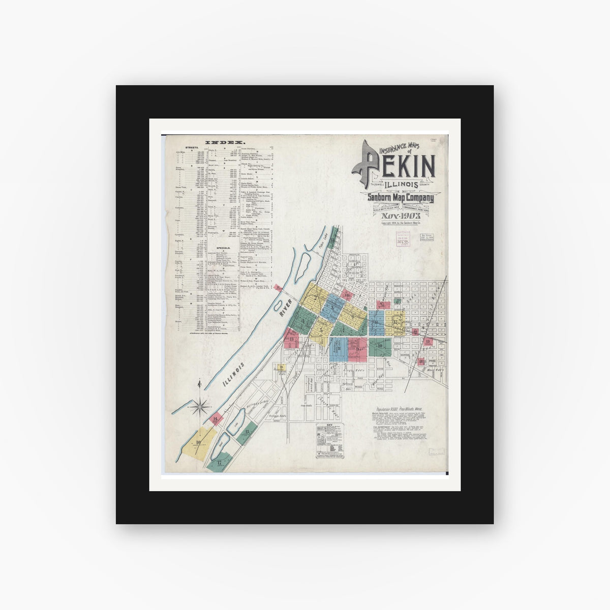 Old map wall art mockup — black gallery frame with white mat — Sanborn Fire Insurance Map from Pekin, Tazewell County, Illinois (1903) - Complete Map Set